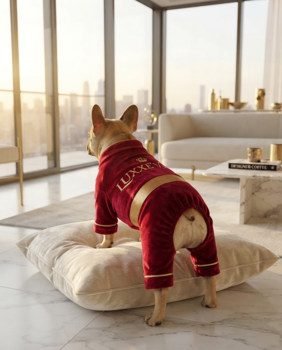 French Bulldog wearing the Velvet Royal Bloodline pet set
