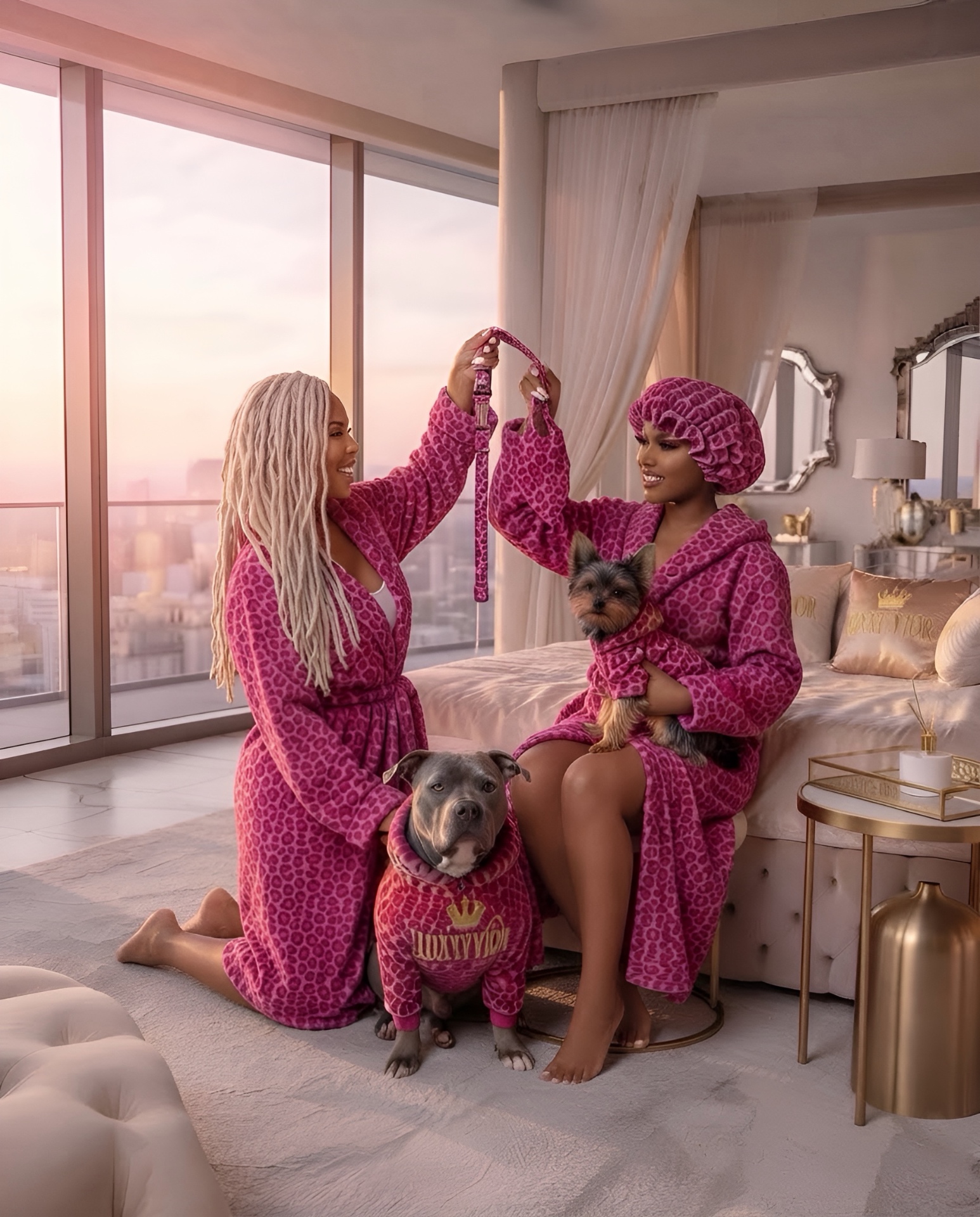 Owner and pet wearing the complete Pink Leopard set