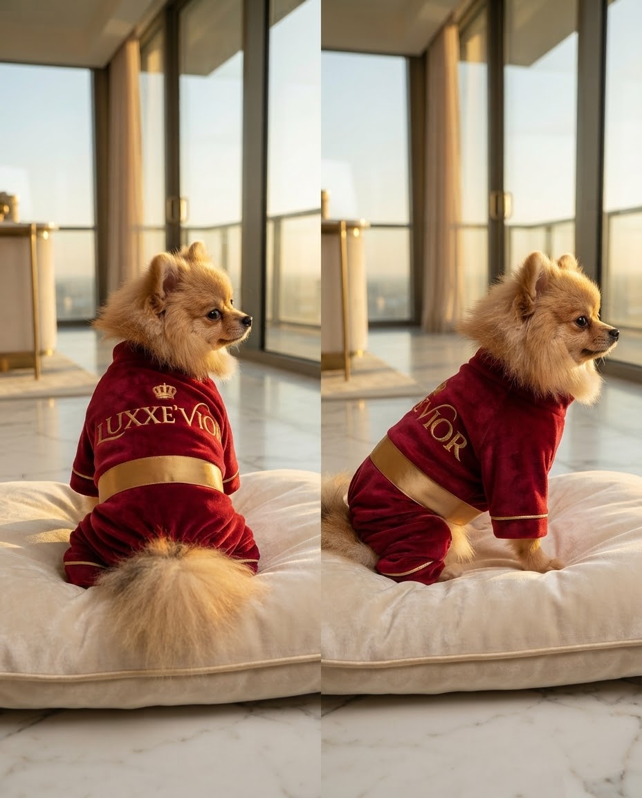 Pomeranian wearing the Velvet Royal Bloodline pet set