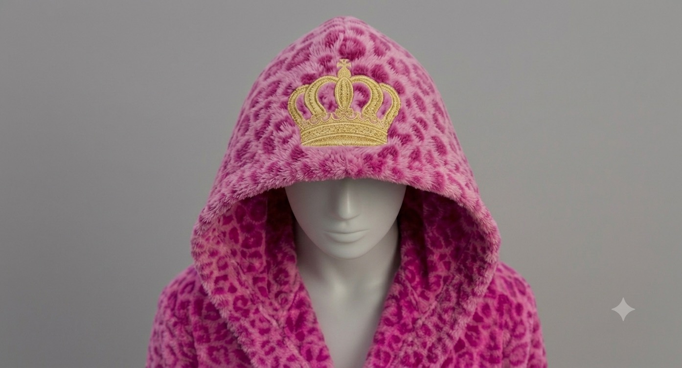 Reference showing the metallic gold crown placement on the High Vibrational robe hood