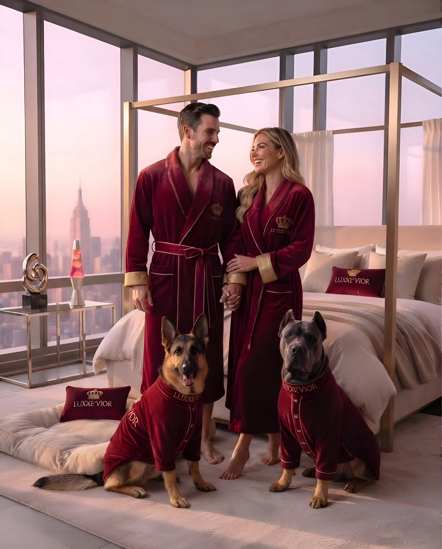 Owners and dogs wearing matching royal velvet Luxxe Vior sets