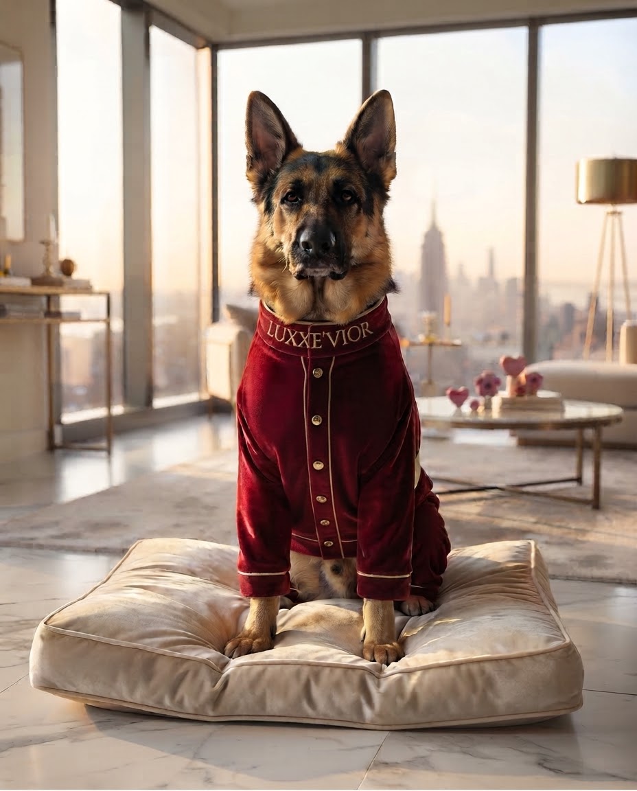 German Shepherd wearing the complete Velvet Royal Bloodline pet set